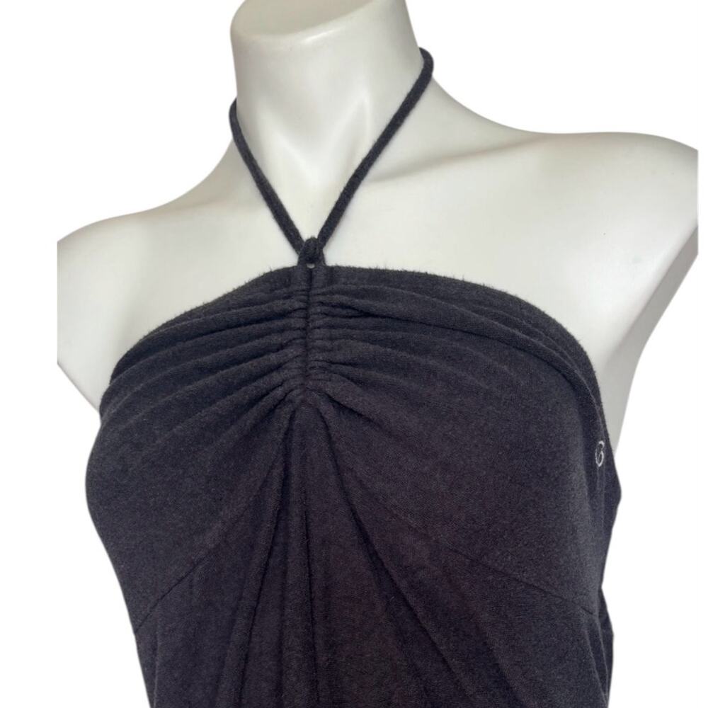 Vintage Y2K Halter Tube Smocked Mini Cover Up Beach Dress Black Terry Cloth